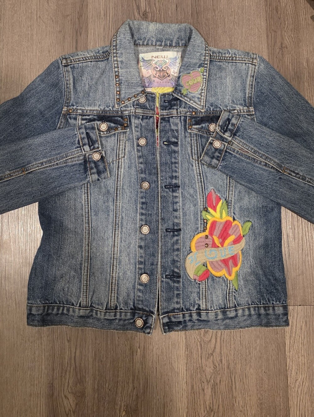 Light Wash Denim Jacket with Floral Patch